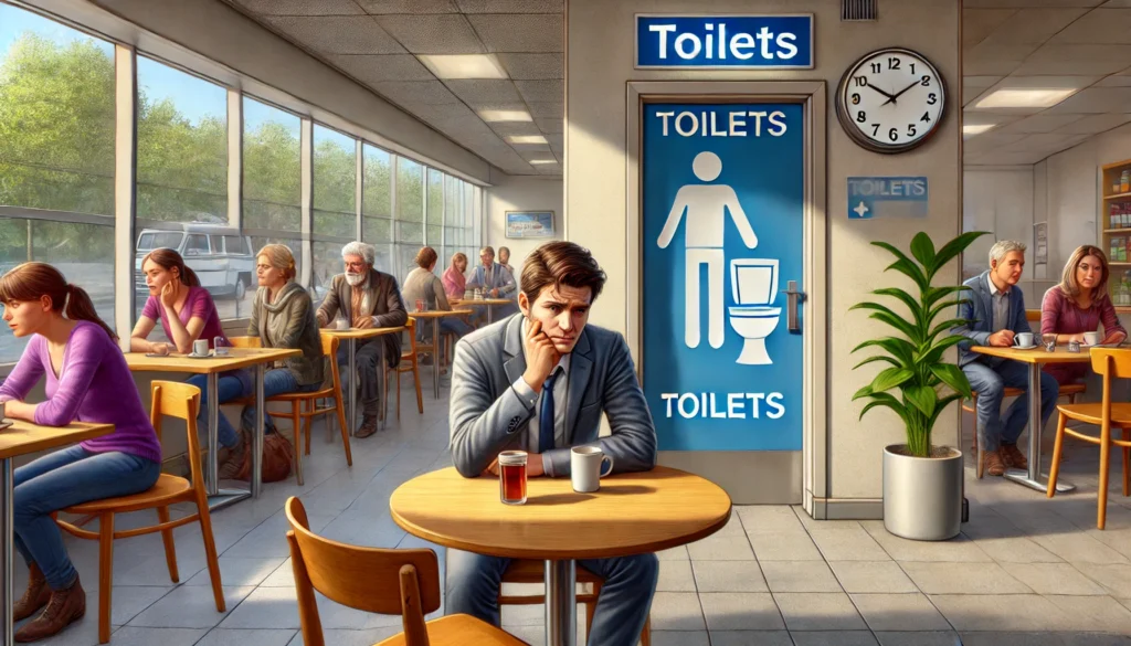 Person in a café feeling anxious, looking for a restroom to overcome toilet anxiety.