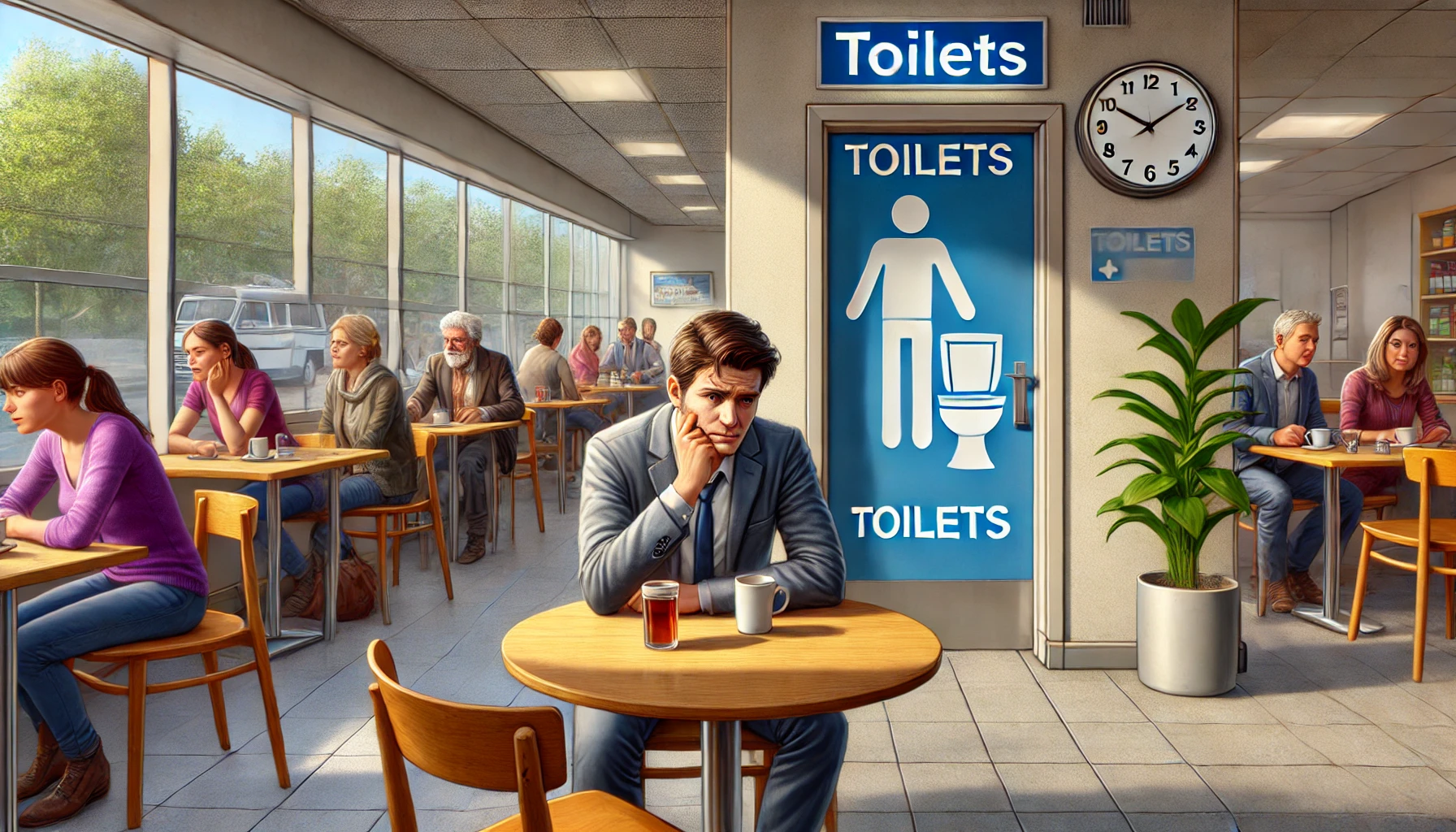 An anxious man in a café, worried about needing the toilet in a public setting.